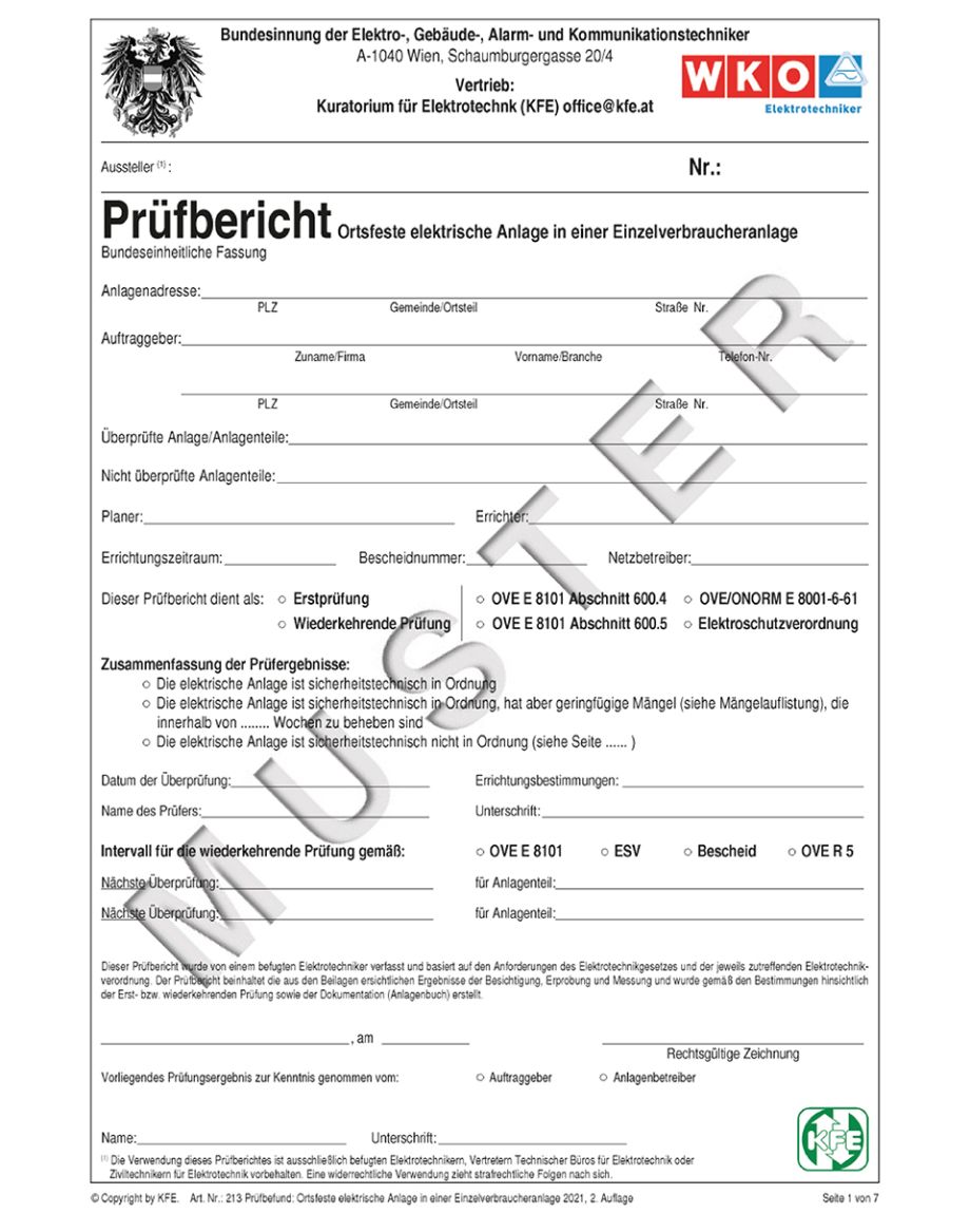 Prüfbericht für die sicherheitstechnische Überprüfung einer elektrischen Anlage nach OVE E 8101 durch ANMAYR Elektrotechnik.